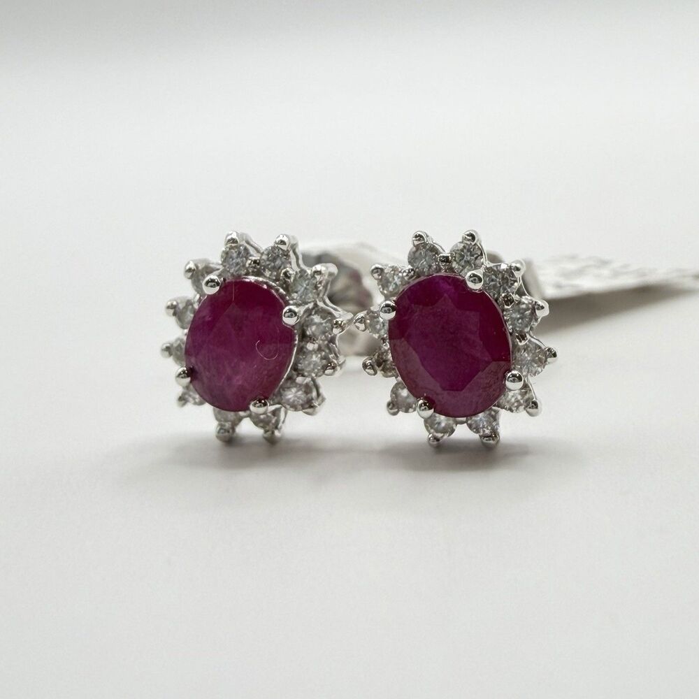 Vintage 14K White Gold Ruby Diamond Halo Stud Earrings .85CTW Ruby .20CTW Dia